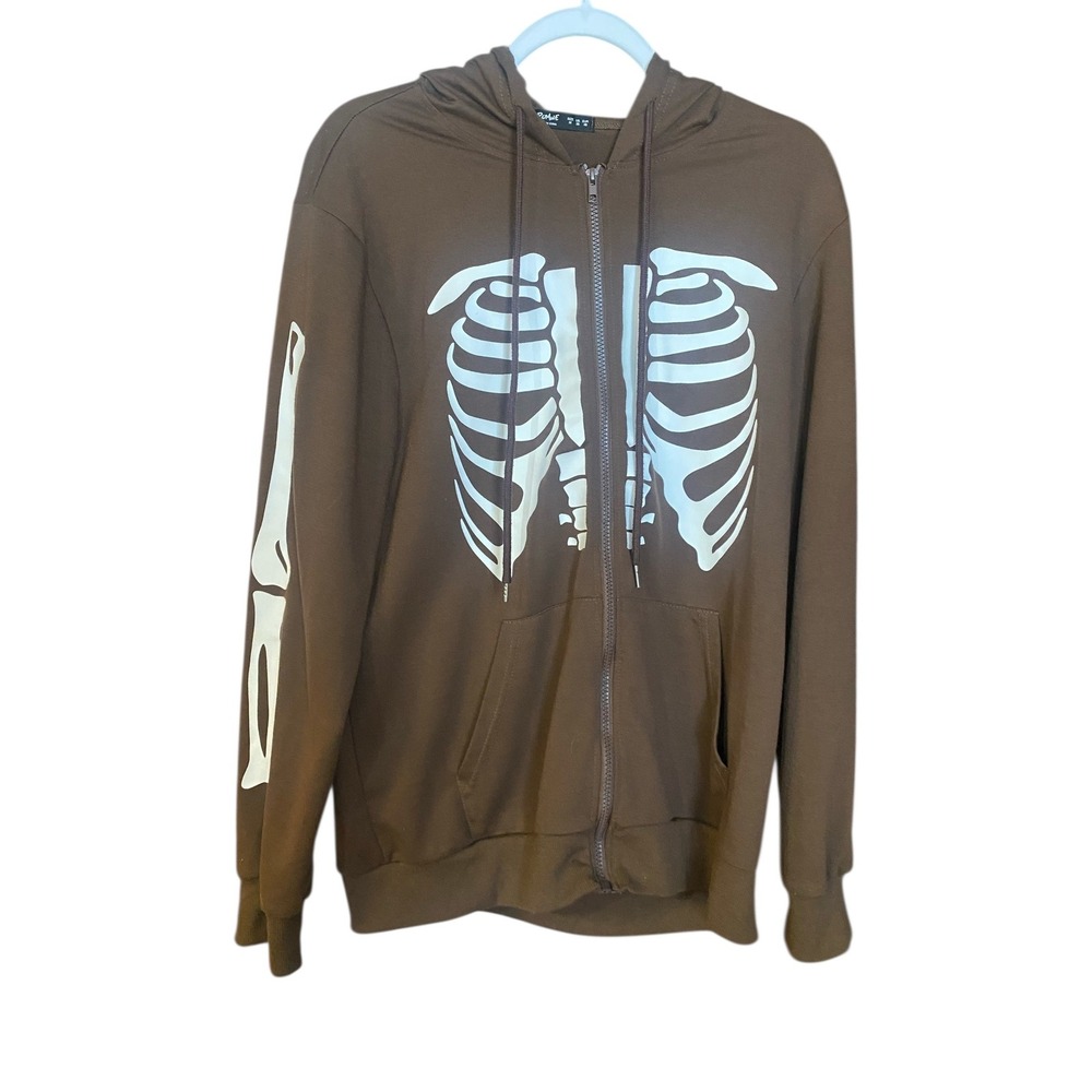 ROMWE Brown Skeleton Rib Cage Zip‎ Up Hoodie Jacket Long Sleeve Size M